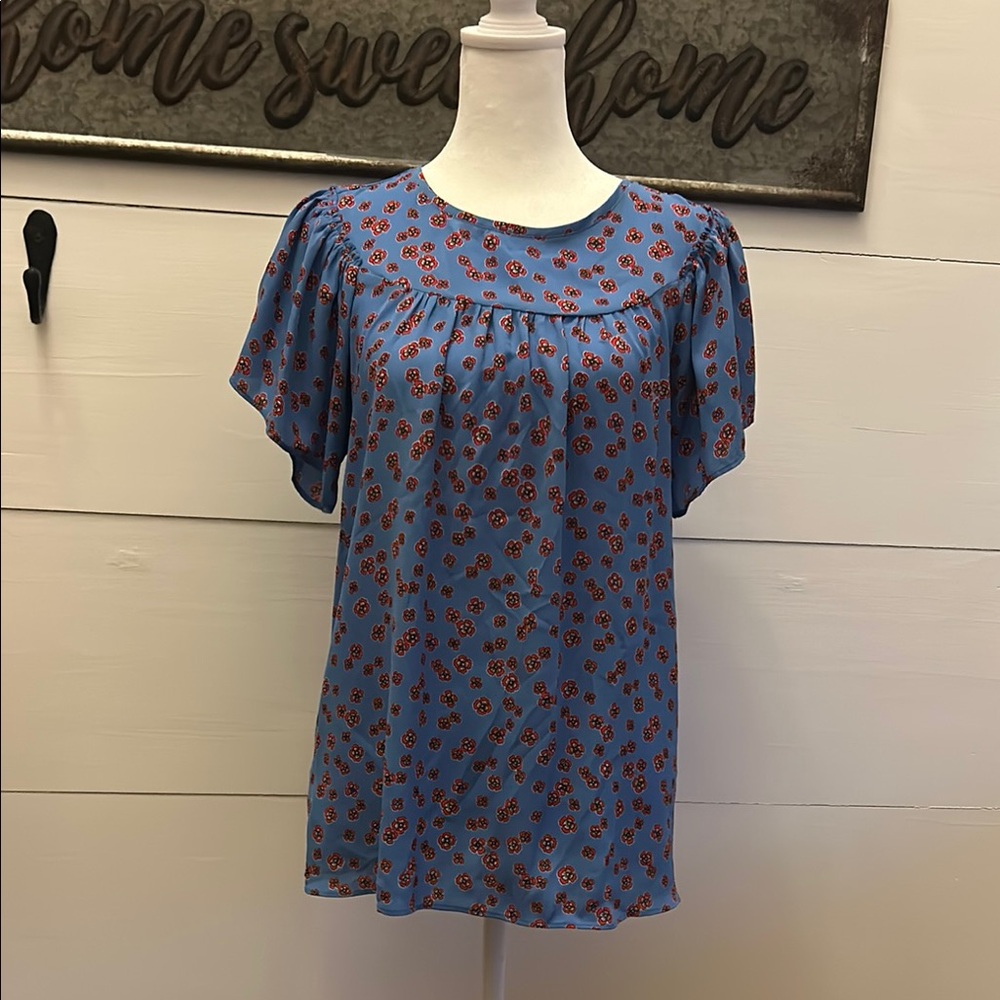 LOFT Blue Ruffled Short Sleeve Blouse